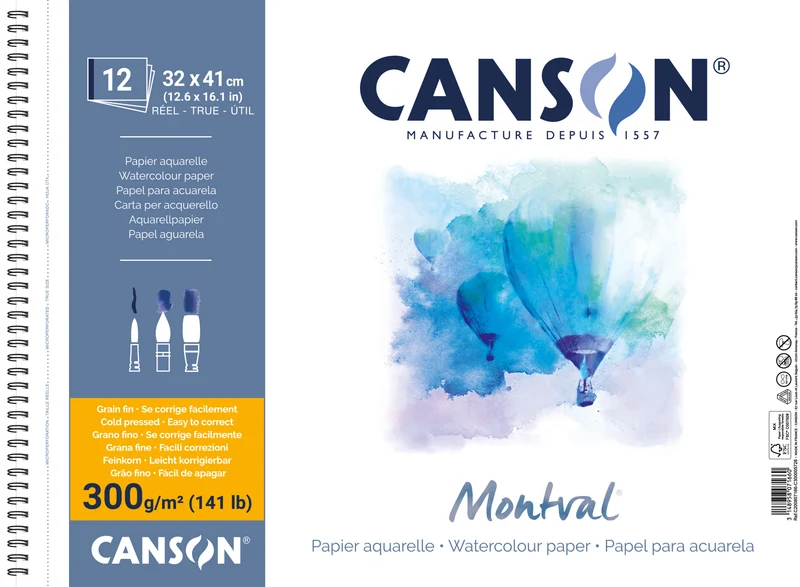 CANSON Montval akvarelni blok CP 300 g/m² 12 listov 32 x 41 cm spiralna vezava