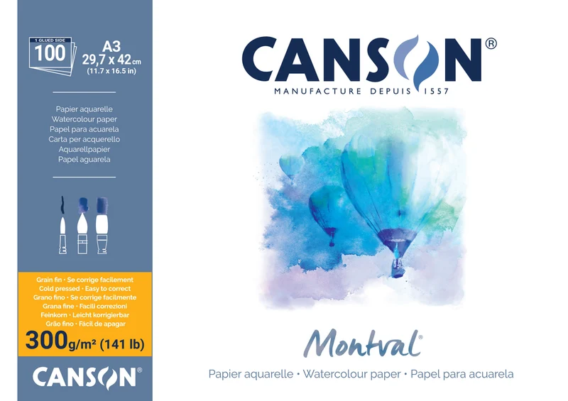 CANSON Montval Aquarellblock feinkorn 300 g/m² – A3, 100 Blatt, geleimt