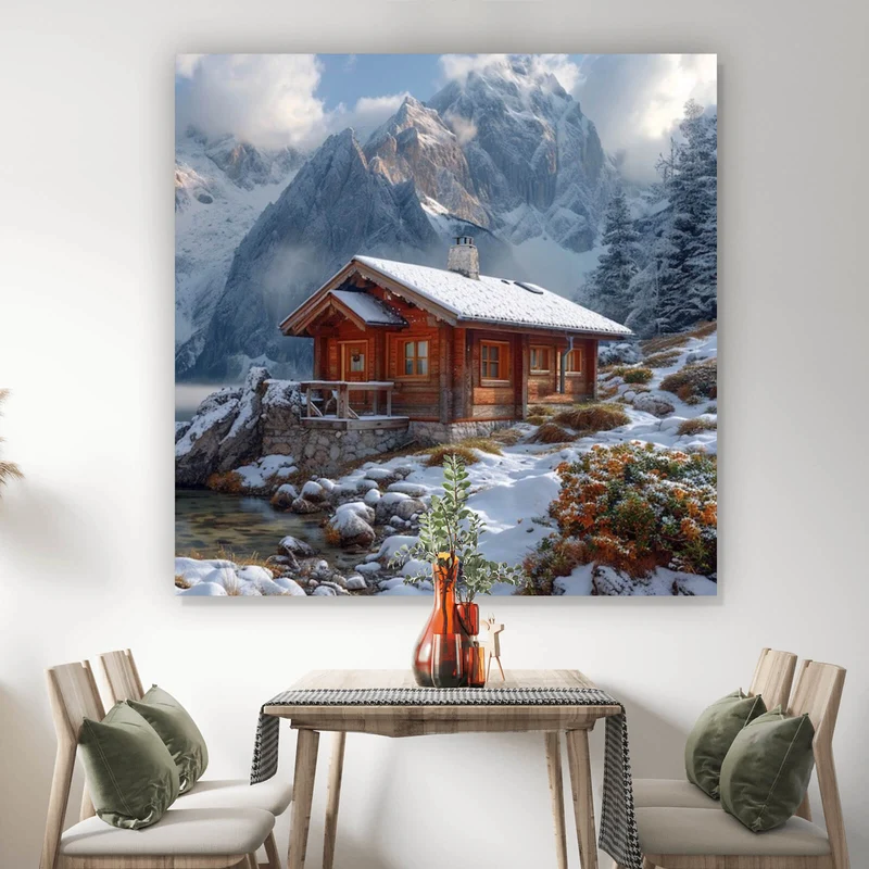 Poster Winterliche Holzhütte vor majestätischen schneebedeckten Bergen Quadrat