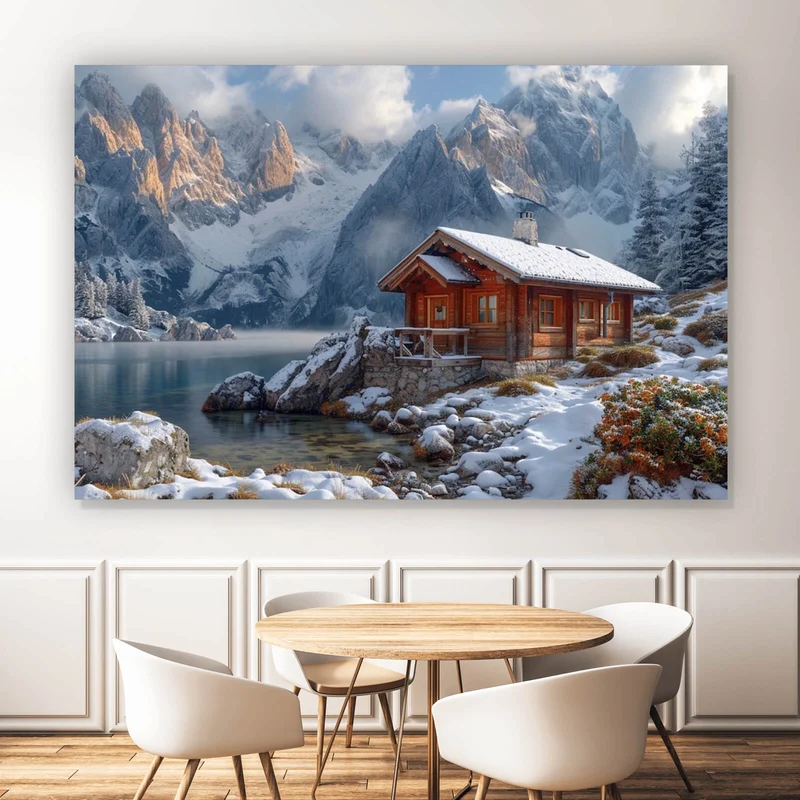 Spannrahmenbild Winterliche Holzhütte vor majestätischen schneebedeckten Bergen Querformat