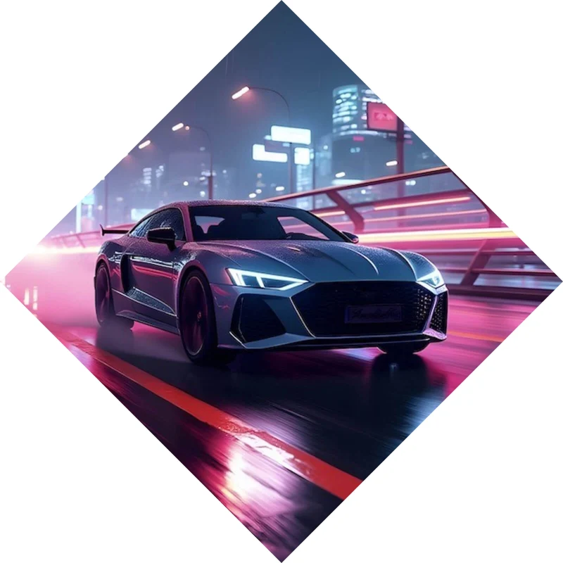 Poster Futuristisches Auto fährt bei Nacht durch die Stadt Raute