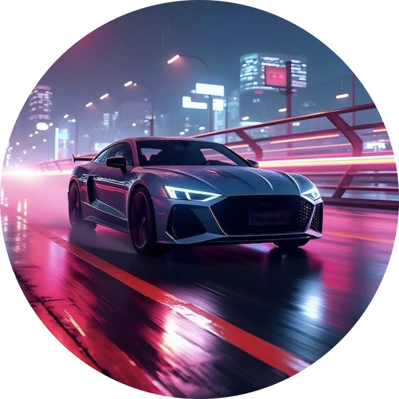 Aluminiumbild gebürstet Futuristisches Auto fährt bei Nacht durch die Stadt Kreis