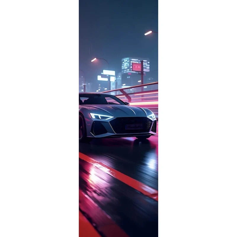 Spannrahmenbild Futuristisches Auto fährt bei Nacht durch die Stadt Panorama Hoch