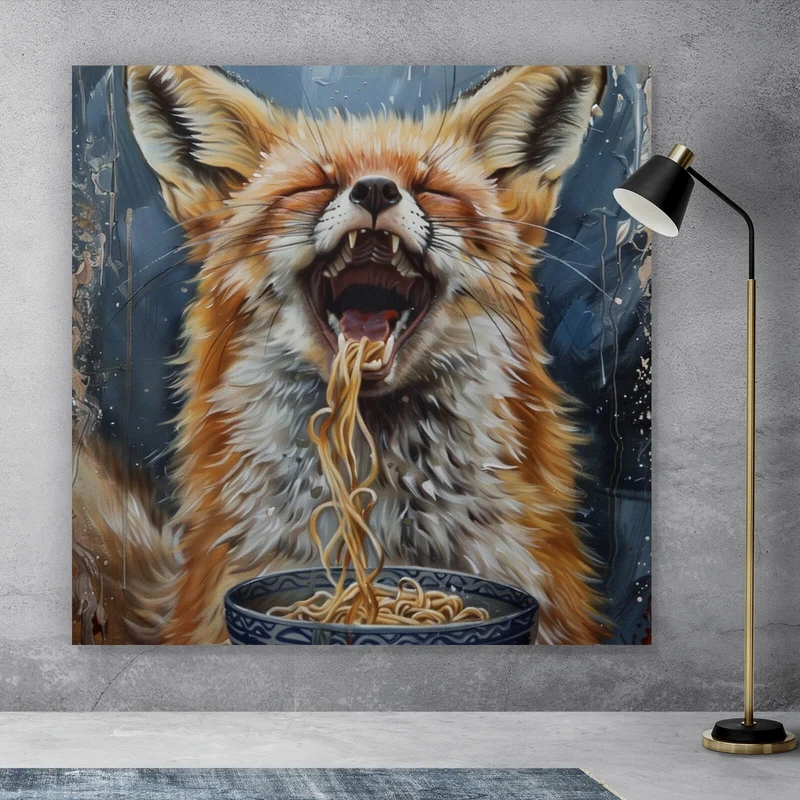 Acrylglasbild Fuchs genießt lachend eine Schüssel mit Nudeln Quadrat