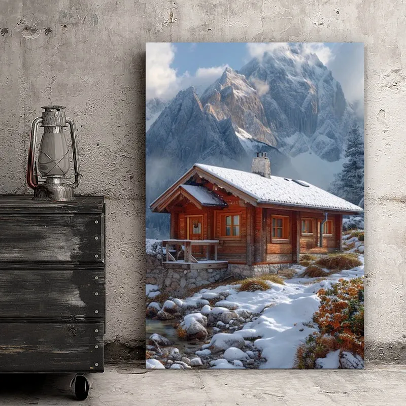 Spannrahmenbild Winterliche Holzhütte vor majestätischen schneebedeckten Bergen Hochformat