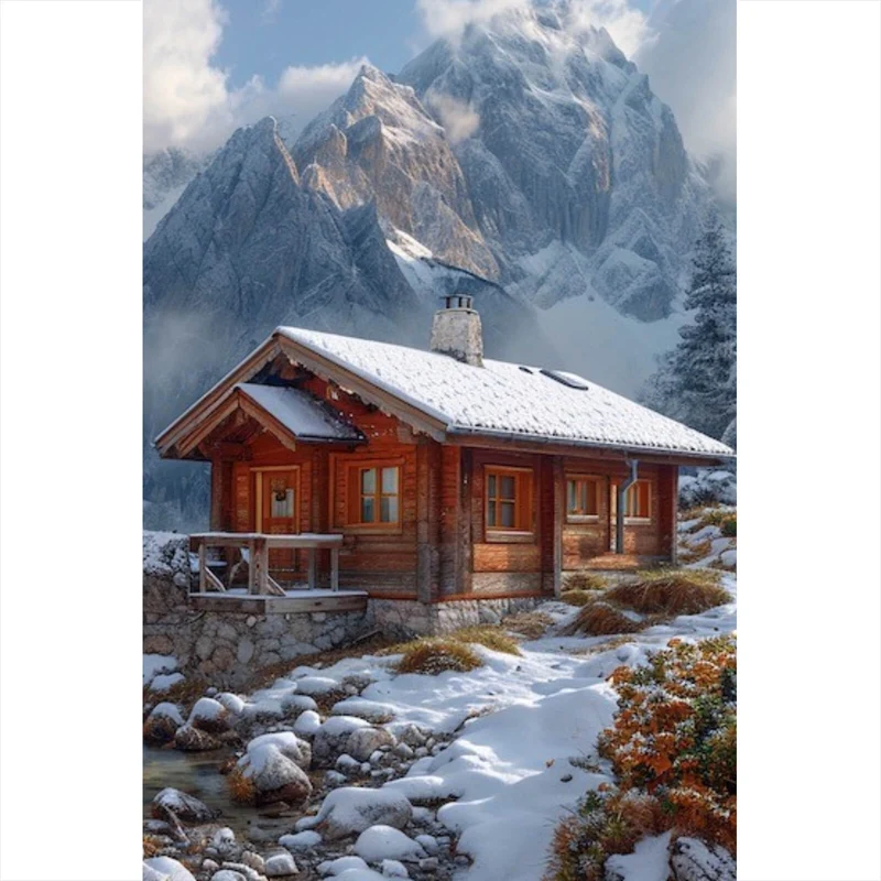 Spannrahmenbild Winterliche Holzhütte vor majestätischen schneebedeckten Bergen Hochformat