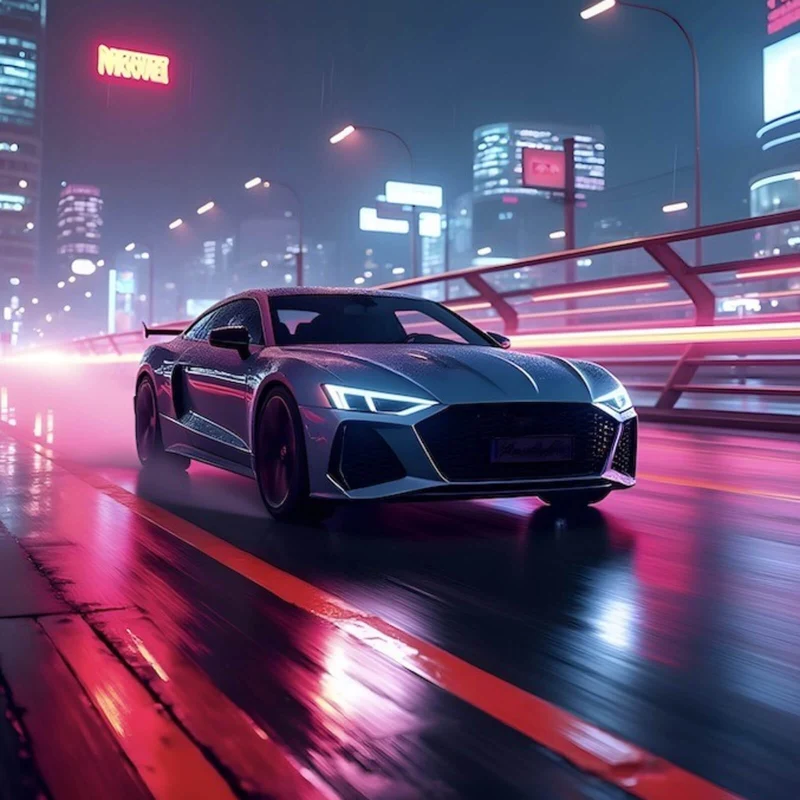 Spannrahmenbild Futuristisches Auto fährt bei Nacht durch die Stadt Quadrat