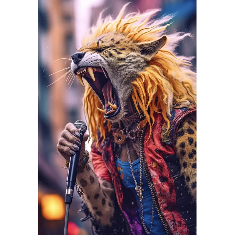 Spannrahmenbild Rockiger Leopard der singt Hochformat