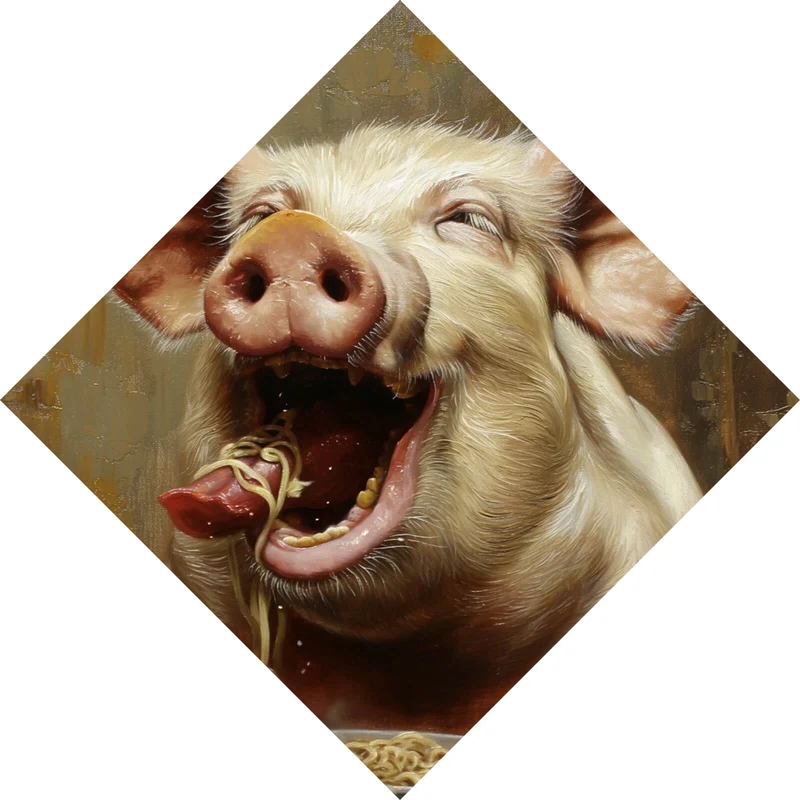 Aluminiumbild gebürstet Schwein isst Nudeln abstraktes Gemälde Raute