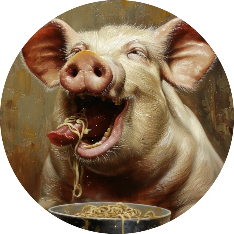 Aluminiumbild gebürstet Schwein isst Nudeln abstraktes Gemälde Kreis