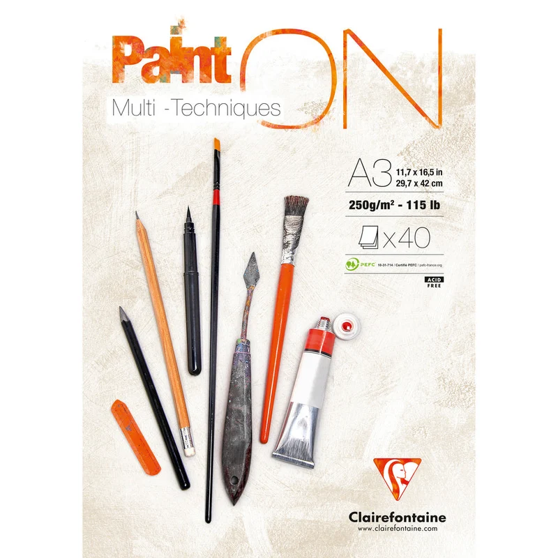 Lijepljeni blok za mixed media CLAIREFONTAINE Paint'On ekstra bijeli 250 g/m² – 40 listova