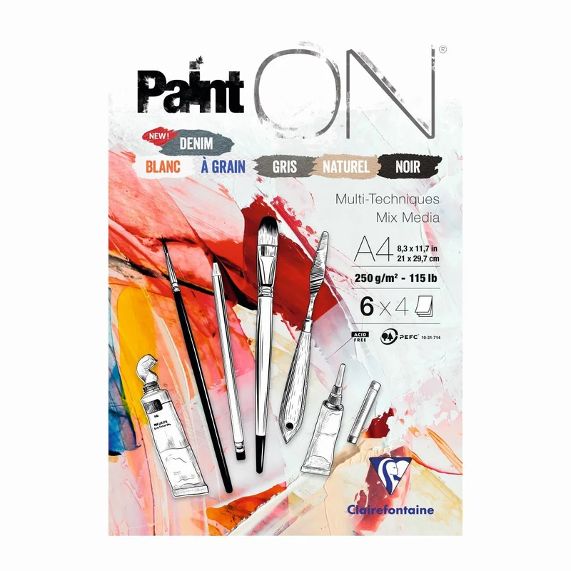 CLAIREFONTAINE Paint'On blocco mix media n. 6 250 g/m² 24 fogli colori assortiti collato