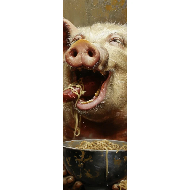 Leinwandbild Schwein isst Nudeln abstraktes Gemälde Panorama Hoch