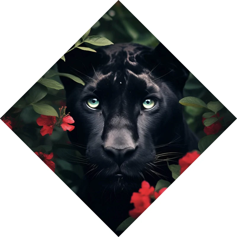 Aluminiumbild Schwarzer Panther hinter roten Blüten Raute