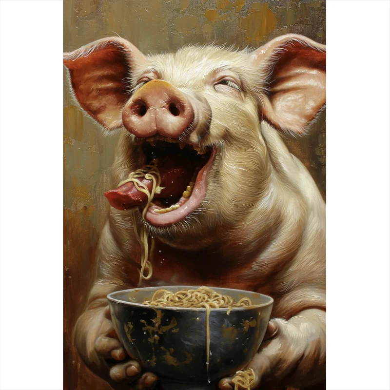 Aluminiumbild Schwein isst Nudeln abstraktes Gemälde Hochformat