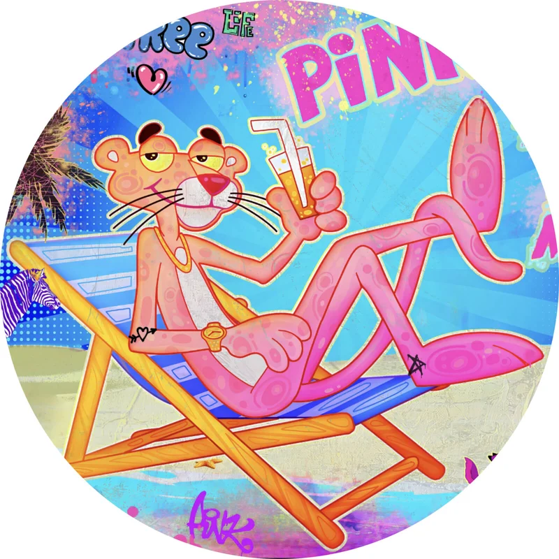 Aluminiumbild gebürstet Panther am Strand Pink Pop Art Kreis