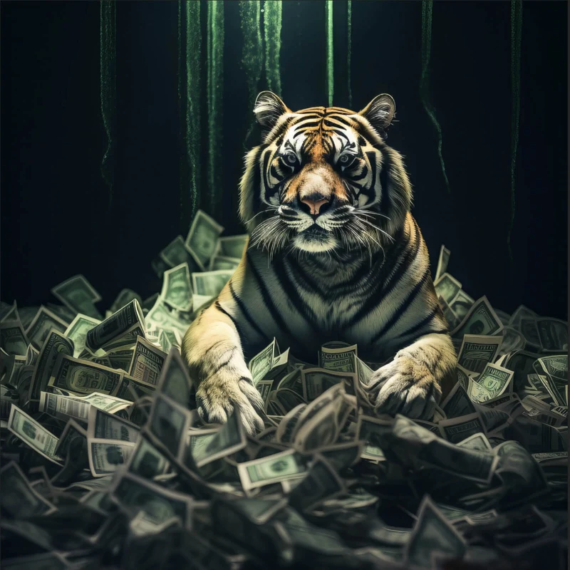 Acrylglasbild Tiger thront auf Geldscheinen Quadrat