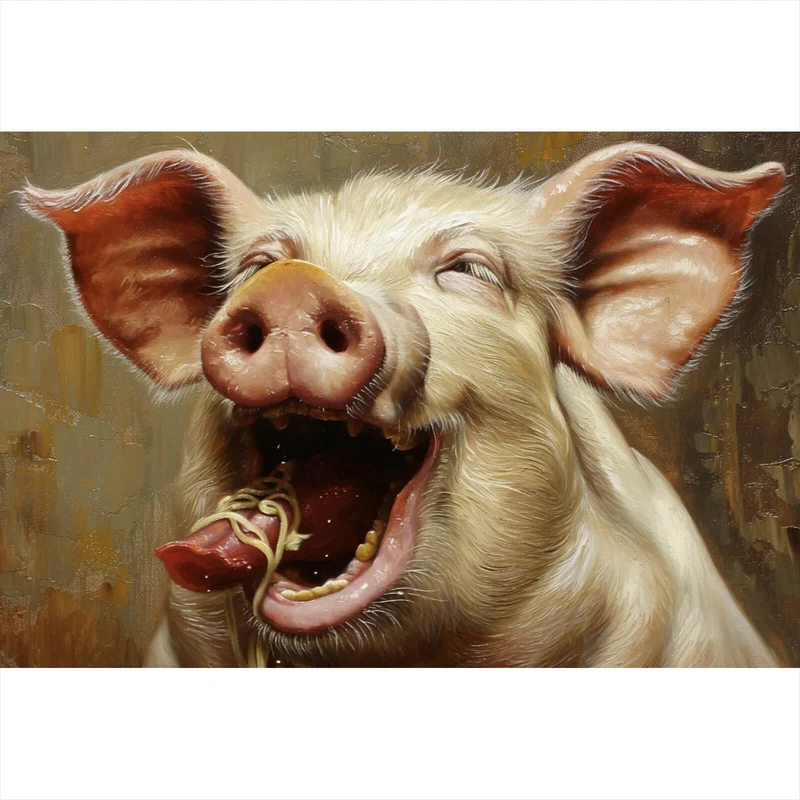 Leinwandbild Schwein isst Nudeln abstraktes Gemälde Querformat