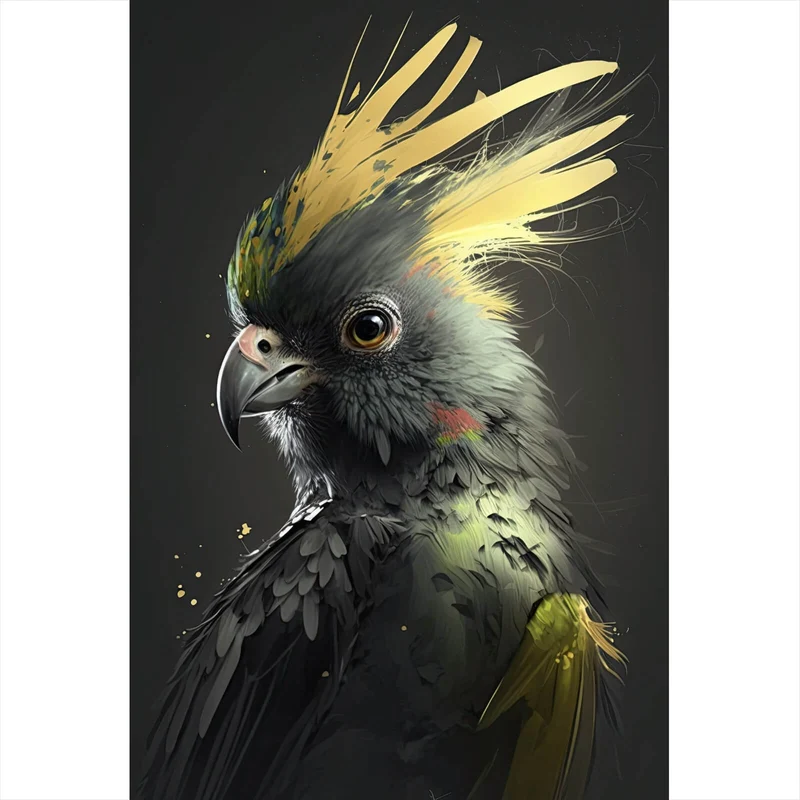 Poster Eleganter Vogel mit gelbem Kamm auf dunklem Hintergrund Hochformat