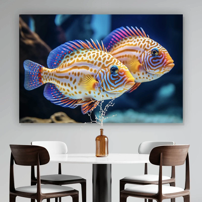 Aluminiumbild gebürstet Zwei bunte Fische im klaren Wasser Querformat
