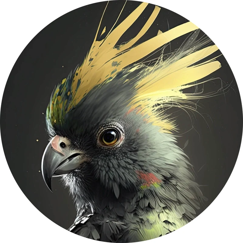 Aluminiumbild Eleganter Vogel mit gelbem Kamm auf dunklem Hintergrund Kreis