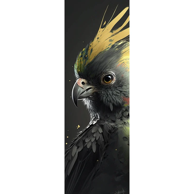 Acrylglasbild Eleganter Vogel mit gelbem Kamm auf dunklem Hintergrund Panorama Hoch