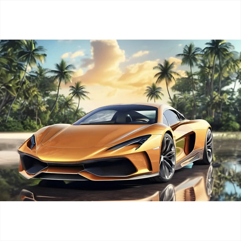 Aluminiumbild Luxuswagen vor exotischer Kulisse Querformat
