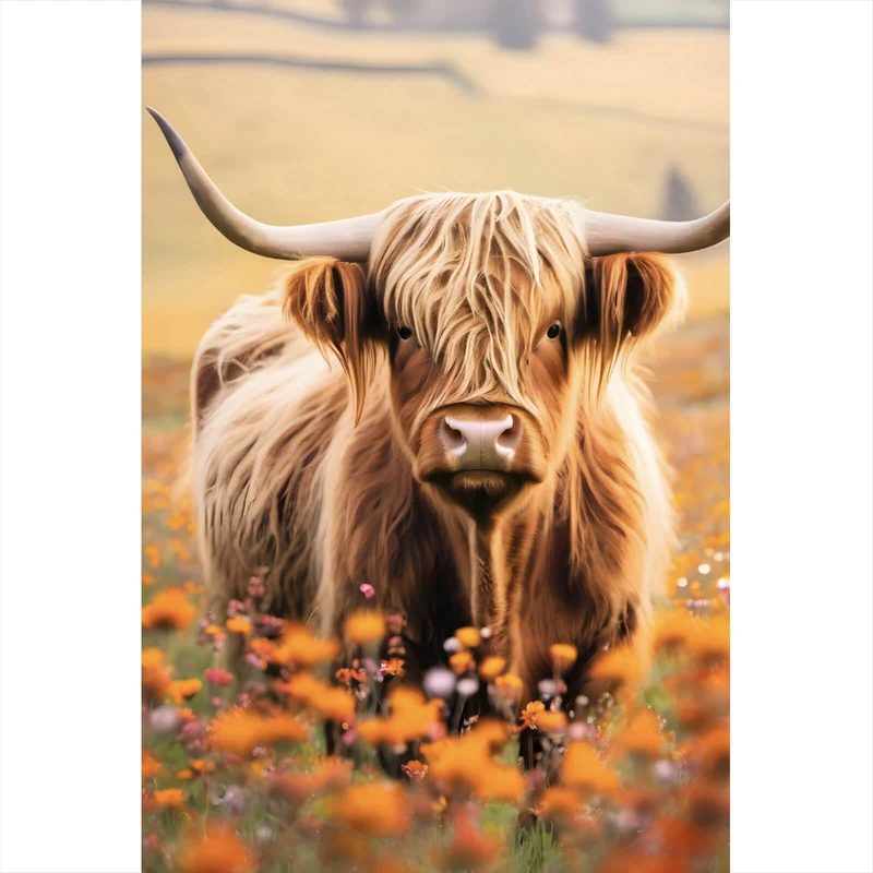 Acrylglasbild Highland Rind auf der Weide Hochformat