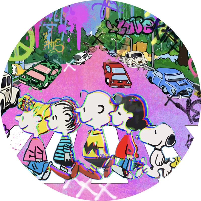 Aluminiumbild Bunte Zeichentrickfiguren vor Graffitiwand Kreis