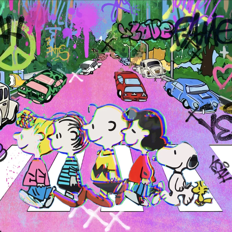 Leinwandbild Bunte Zeichentrickfiguren vor Graffitiwand Quadrat