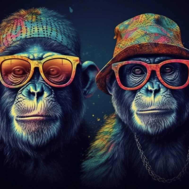 Aluminiumbild Zwei Affen mit Sonnenbrillen und bunten Hüten Quadrat