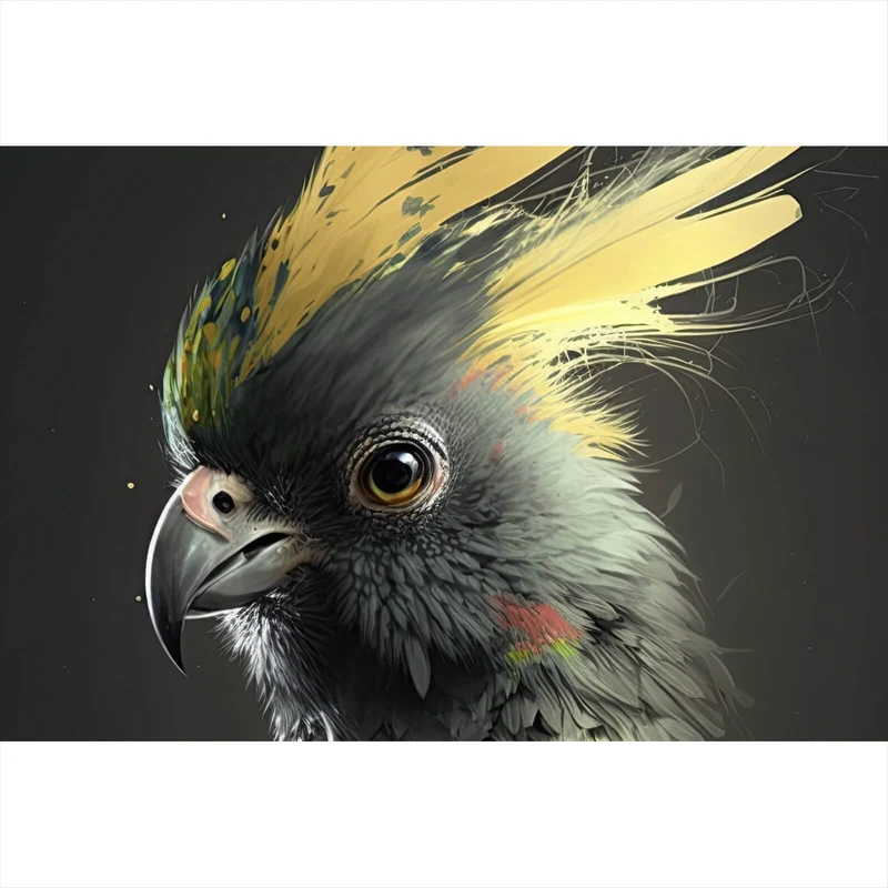 Leinwandbild Eleganter Vogel mit gelbem Kamm auf dunklem Hintergrund Querformat