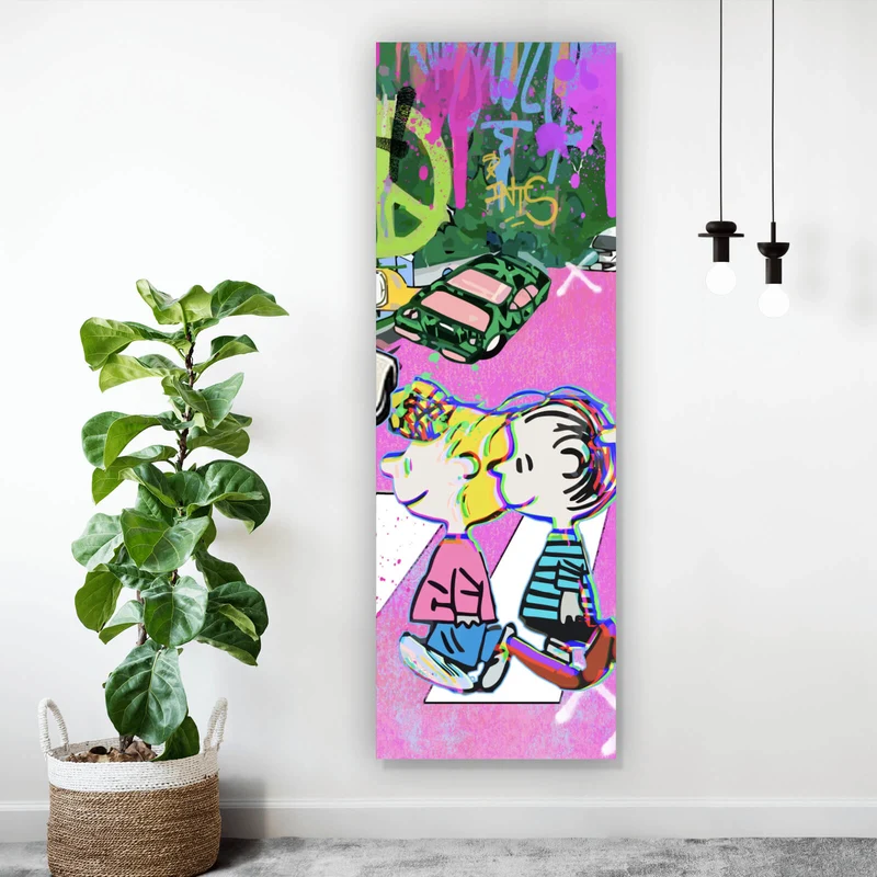 Acrylglasbild Bunte Zeichentrickfiguren vor Graffitiwand Panorama Hoch