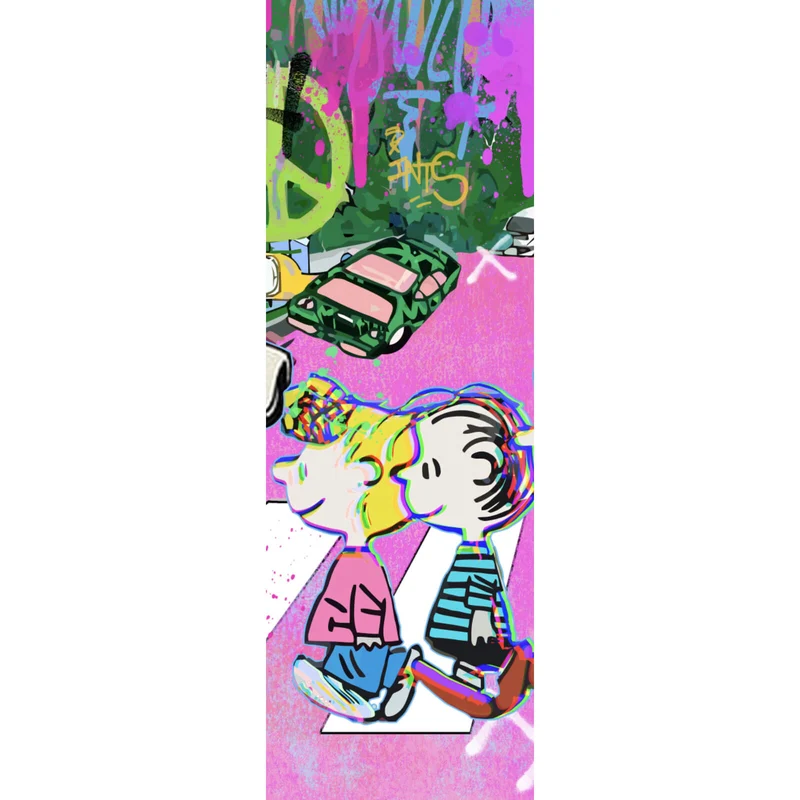 Acrylglasbild Bunte Zeichentrickfiguren vor Graffitiwand Panorama Hoch