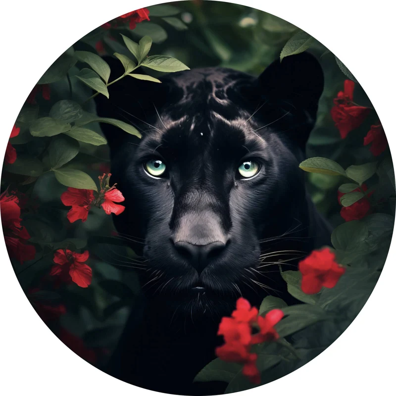 Aluminiumbild gebürstet Schwarzer Panther hinter roten Blüten Kreis