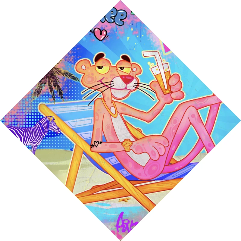 Aluminiumbild gebürstet Panther am Strand Pink Pop Art Raute