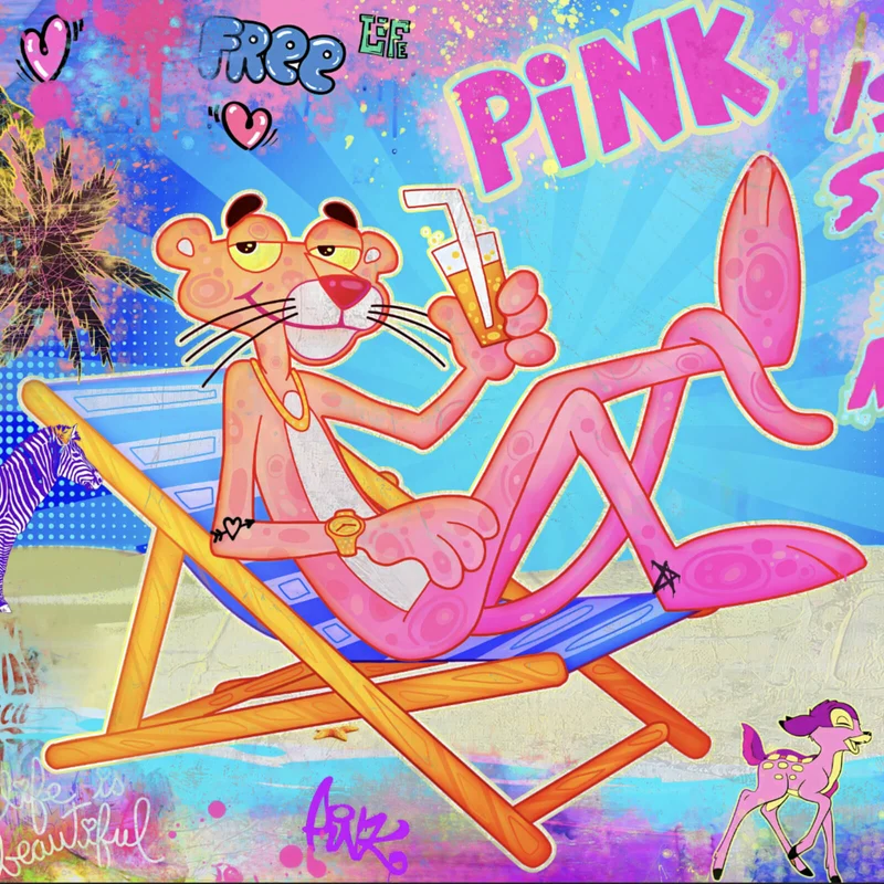 Leinwandbild Panther am Strand Pink Pop Art Quadrat