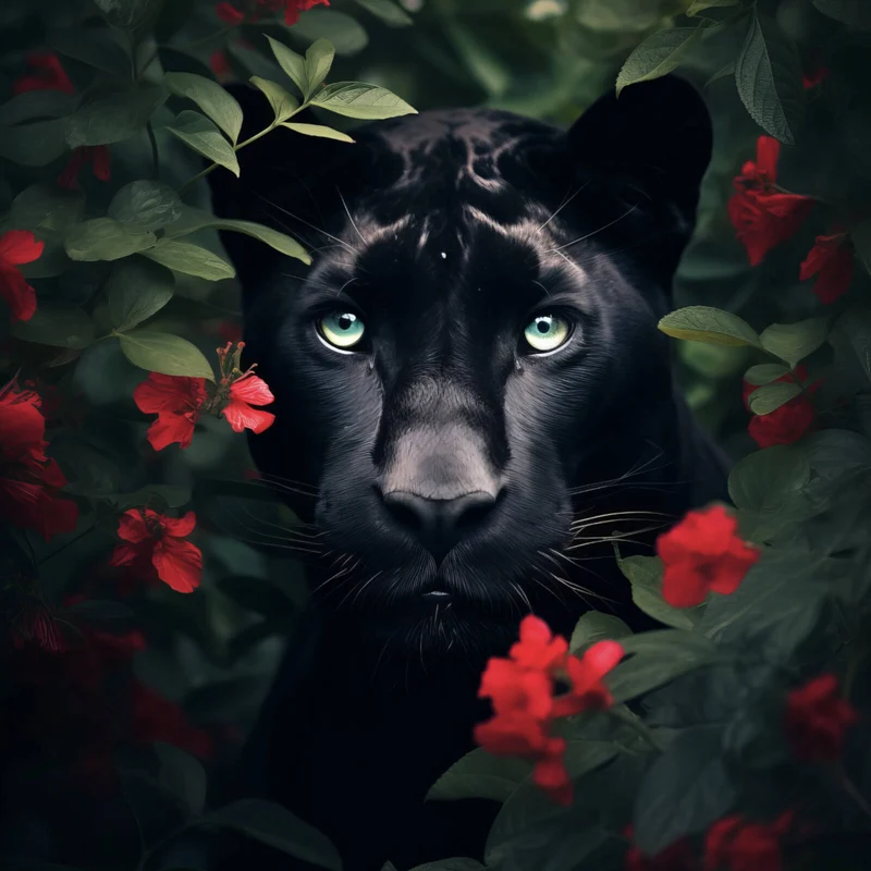 Aluminiumbild gebürstet Schwarzer Panther hinter roten Blüten Quadrat