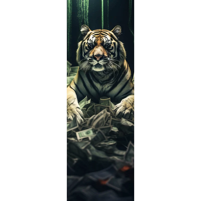 Aluminiumbild Tiger thront auf Geldscheinen Panorama Hoch