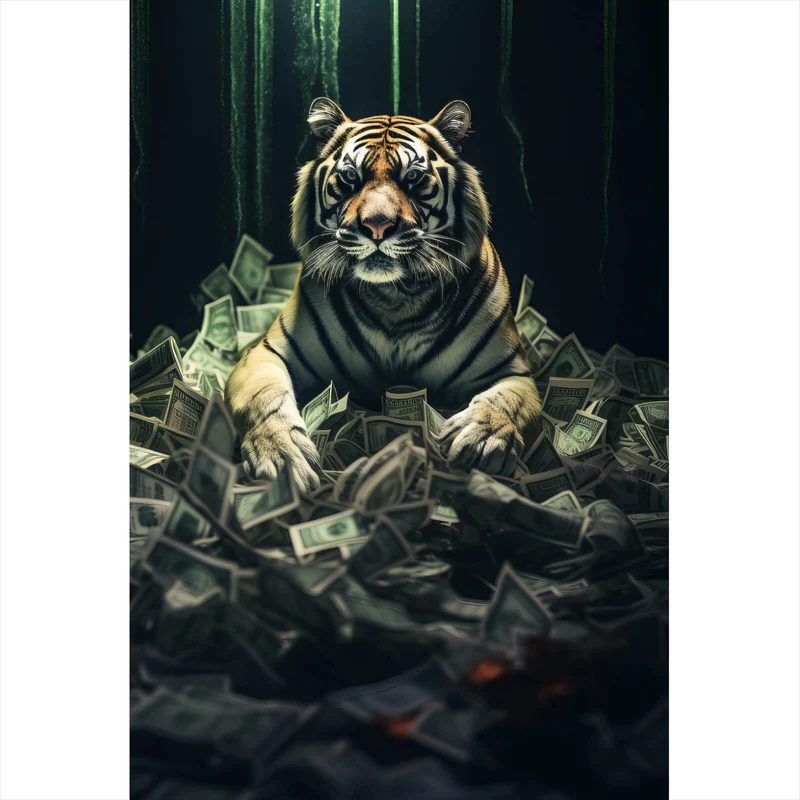 Spannrahmenbild Tiger thront auf Geldscheinen Hochformat