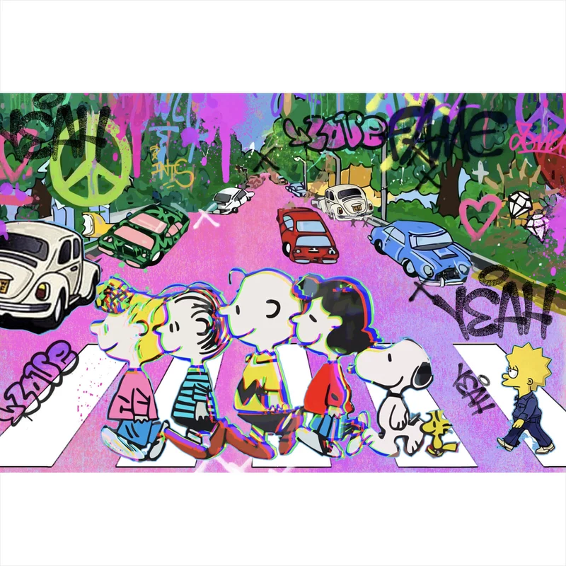 Aluminiumbild Bunte Zeichentrickfiguren vor Graffitiwand Querformat