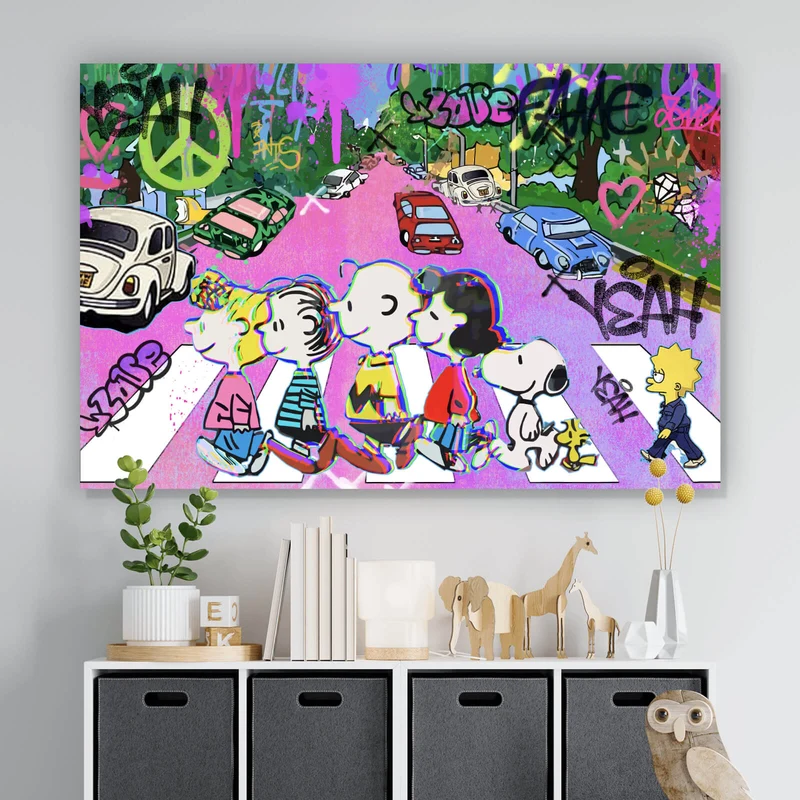 Poster Bunte Zeichentrickfiguren vor Graffitiwand Querformat