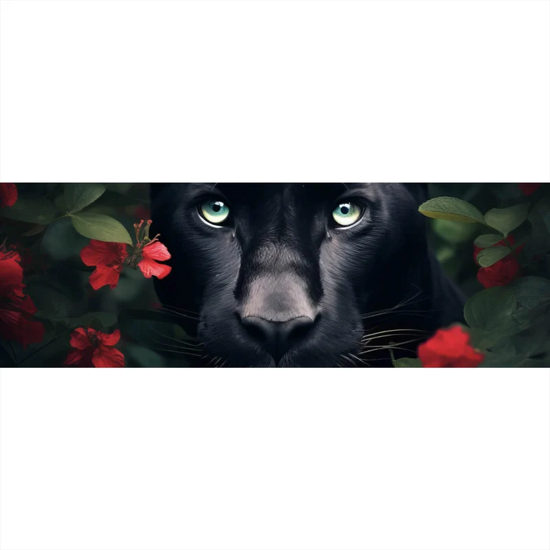 Acrylglasbild Schwarzer Panther hinter roten Blüten Panorama