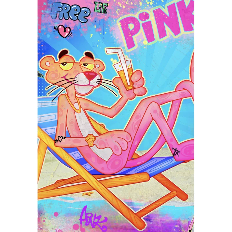Leinwandbild Panther am Strand Pink Pop Art Hochformat