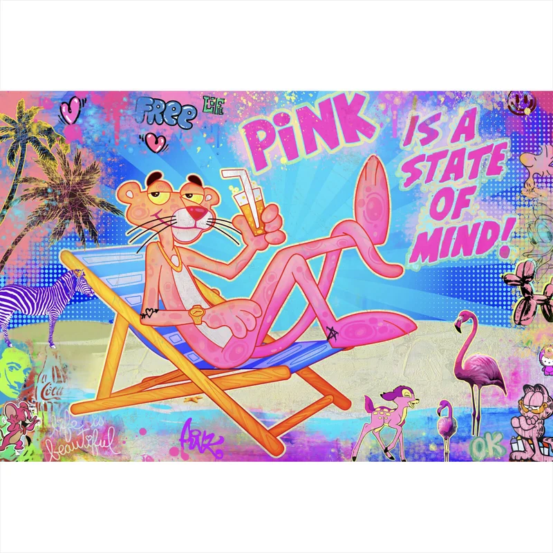 Aluminiumbild gebürstet Panther am Strand Pink Pop Art Querformat