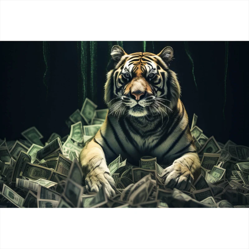 Aluminiumbild gebürstet Tiger thront auf Geldscheinen Querformat