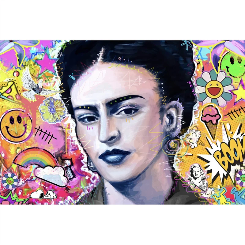 Aluminiumbild gebürstet Buntes Frida Portait Pop Art Querformat