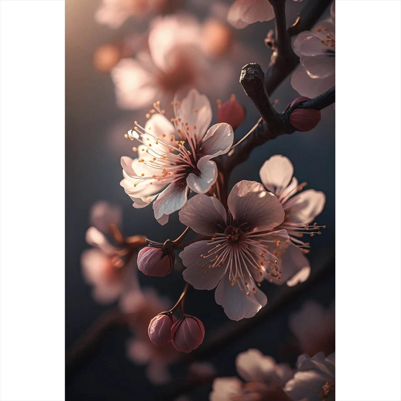 Leinwandbild Zarte Kirschblüten im sanften Sonnenlicht leuchten prachtvoll Hochformat
