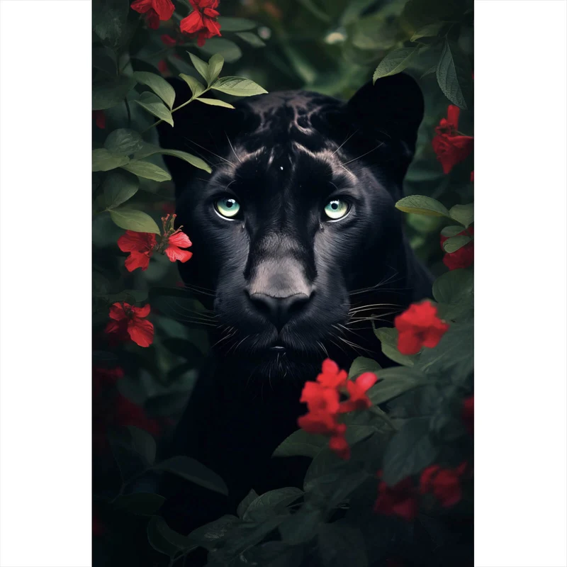 Leinwandbild Schwarzer Panther hinter roten Blüten Hochformat