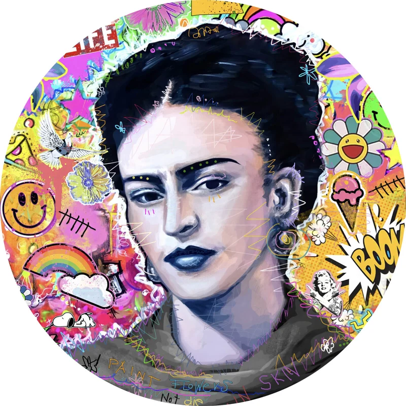 Aluminiumbild gebürstet Buntes Frida Portait Pop Art Kreis